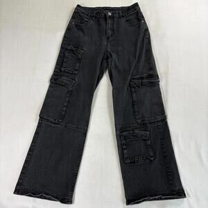 Cider Women's Wide Leg Denim Cargo Jeans Black Wash 29x28 Pocket Y2K Streetwear